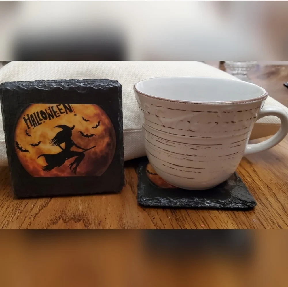 Halloween Whimsigoth Witch‎ Slate Coasters Black and Orange Flying On Broom - Picture 7 of 8